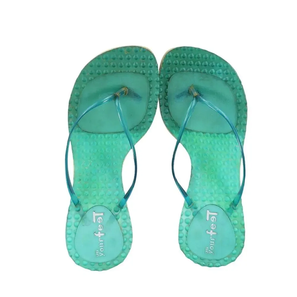 On Your Feet Womens 6.5 Sandals Retro 90's Y2k Block Heel Flip Flop Massage Blue